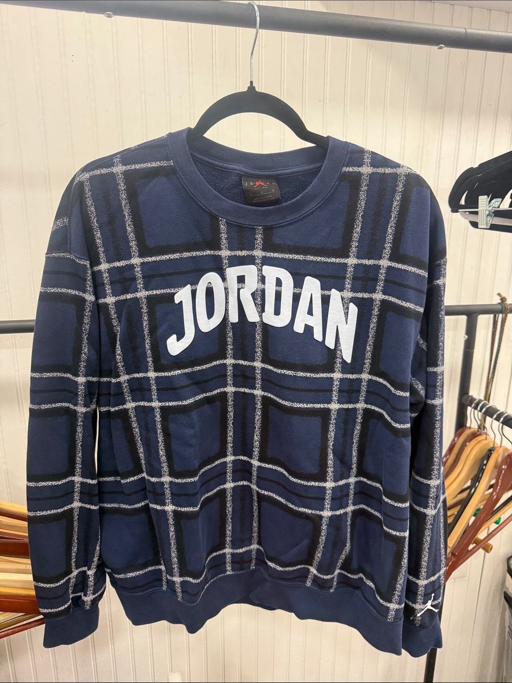 Like New Women’s Jordan Navy and White Plaid Crewneck Sweater Medium